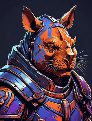 (close up, head and shoulders portrait:1.3), orange and red gradient , (anthromorphic rhino cat :1.6), wearing blue and violet sci-fi polycarbonate armor, (strong outline sketch style:1.5), gritty fantasy, (darkest dungeon art style :1.4), dark muted background, detailed