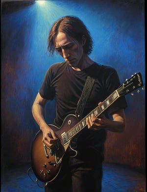 (head and shoulders portrait:1.2), Fred Mascherino, a guitarist, (playing gibson les paul guitar:1.2), performing on stage, brown_hair,  wearing black t-shirt, looking at the camera, singing, blue stage background, surreal fantasy, close-up view, chiaroscuro lighting, no frame, hard light, art by Zdzisław Beksiński,digital artwork by Beksinski