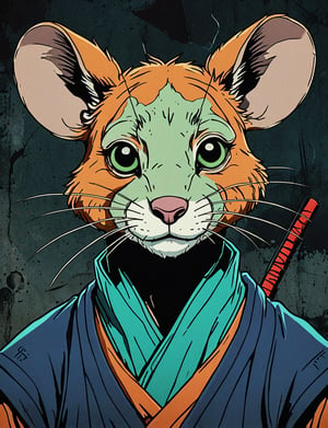 (close up, head and shoulders portrait:1.5), orange, green, teal, aqua, blue, violet gradient ,(anthromorphic kangaroo mouse:1.5), samurai, wearing samurai armor, (strong outline sketch style:1.5), symmetrical features, gritty fantasy, (darkest dungeon art style :1.4), dark muted background, detailed, one_piece_wano_style, Dark Manga of,anime screencap,Dark Anime of