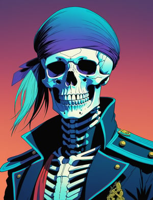 head and shoulders portrait, Skeleton, captain pirate, 80s anime style, glitch art, flat colors, key visual, vibrant, studio anime, minimalistic, (style of Charlie Bowater, (style of moebius:1.2):1.15), 