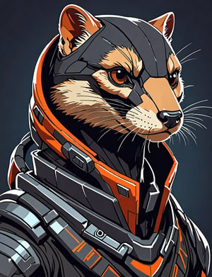 (head and shoulders portrait:1.2), Sci-Fi. (anthropomorphic weasel  :1.3), athletic build. hooded, wearing futuristic and highly cybernetic black armor. Inspired by the art of Destiny 2 and the style of Guardians of the Galaxy
,Flat vector art