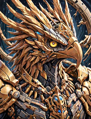 (head and shoulders portrait:1.2), a Warforged eagle , sentient construct of gleaming metal and gears, is dressed in intricately detailed armor. Inspired by the art of Destiny 2 and the style of Guardians of the Galaxy,art_booster