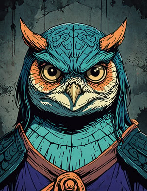 (close up, head and shoulders portrait:1.5), orange, teal, blue, violet gradient , (anthromorphic owl toad :1.5), samurai, wearing samurai armor, (strong outline sketch style:1.5), symmetrical features, gritty fantasy, (darkest dungeon art style :1.4), dark muted background, detailed,one_piece_wano_style,Dark Manga of