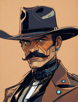 (head and shoulders portrait:1.2), anthropomorphic (cyberpunk cowboy:1.3) man with an amazing handlebar mustache (outline sketch style:1.5), gritty fantasy, (art by Syd Mead:1.8), dark muted background, muted colors, detailed, 8k