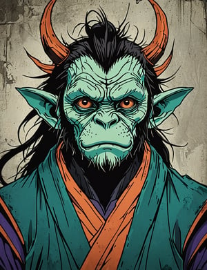 (close up, head and shoulders portrait:1.5), red, orange, green, teal, aqua, blue, violet gradient ,(anthromorphic dragon capuchin :1.5), samurai, wearing samurai armor, (strong outline sketch style:1.5), symmetrical features, gritty fantasy, (darkest dungeon art style :1.4), dark muted background, detailed, one_piece_wano_style, Dark Manga of,anime screencap,Dark Anime of