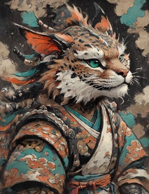 (close up, head and shoulders portrait:1.3), anthromorphic ( bobcat :1.2) dragon, samurai , black samurai armor, brown, tangerine teal, white and black color scheme , (dark background:1.2), Disney pixar style,Ukiyo-e,ink,colorful,shogun