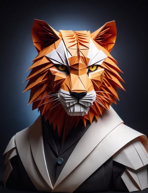 (head and shoulders portrait:2), (angry glaring asassin villian paper tiger:2), menacing expression, wearing assassin outfit, made out of folded paper, origami,  light and delicate tones, clear contours, cinematic quality, dark background, highly detailed, chiaroscuro, ral-orgmi