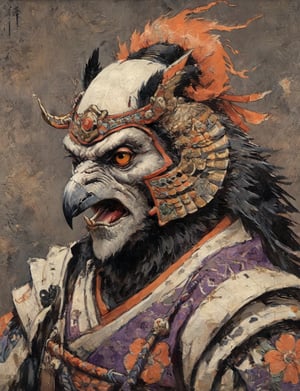 (close up, head and shoulders portrait:1.3), (anthromorphic raven :1.6), oni_horns, samurai , samurai armor , brown, tangerine, violet , white and black color scheme , (dark background:1.2), Ukiyo-e,ink,colorful,shogun