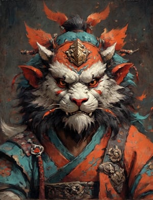 (close up, head and shoulders portrait:1.3), anthromorphic ( manticore :1.4) (neck and chest fur:1.5), (wearing a jack-o-lantern mask;2.5), jack-o-lantern , samurai helmet, oni_horns, samurai , black samurai armor, red, aqua, orange, blue , white and black color scheme , (dark Halloween background:1.2), Disney pixar style,Ukiyo-e,ink,colorful,shogun