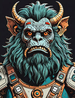 (close up, head and shoulders portrait:1.5), An extremely detailed 1970s retro-future anthropomorphic (gnome :1.2) (manticore :1.4) robot, centered, (strong outline sketch style:1.5), (flat silkscreen art style:1.9), (solid dark background:1.2), (retro color scheme), masterpiece, epic, by pascal blanche rutkowski repin artstation painting concept art of detailed character design matte painting, 4 k resolution blade runner, dark muted background, detailed, comic book,dcas_lora