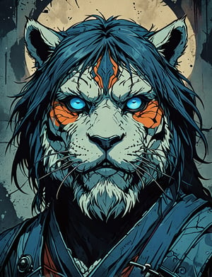 (close up, head and shoulders portrait:1.5), tangerine, onyx, blue, violet gradient , (anthromorphic yeti tiger :1.5), samurai wearing samurai armor, (strong outline sketch style:1.5), symmetrical features, gritty fantasy, (darkest dungeon art style :1.4), dark muted background, detailed,Dark Manga of