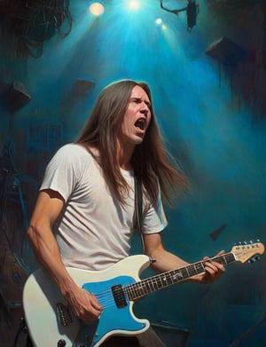 (head and shoulders portrait:1.2), Warren De Martini, a rock guitarist, (playing guitar:1.2), performing on stage, long brown hair,  wearing white t-shirt, looking at the camera, singing, blue and teal stage background, rats in the background, surreal fantasy, close-up view, chiaroscuro lighting, no frame, hard light, art by Zdzisław Beksiński,digital artwork by Beksinski