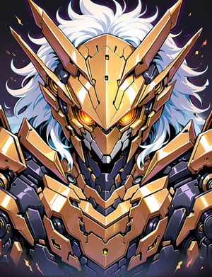head and shoulder portrait, 1 wolf robot, (solo robot:2) , mechanical features, mechanical joints, fantasy, dark background, giant robot, white and gold color scheme, symmetrical features