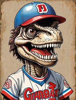 (close up, head and shoulders portrait:1.5), An extremely detailed 1980s (cartoon caricature:1.5), (oversized head caricature:1.3), anthropomorphic t-Rex , wearing baseball player outfit , grunge , dystopian, in the style of garbage pail kids