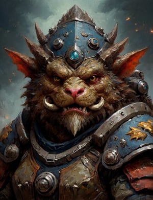 (close up, head and shoulders portrait:1.3), anthromorphic manticore toad, oni-horns, futuristic power armor, bounty hunter , triadic colors, moonster