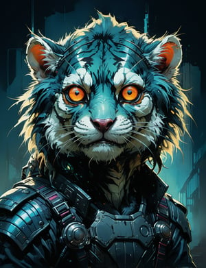 art by simon bisley, art by ralph steadman, art by vallejo, a masterpiece, stunning detail, (head and shoulders portrait:1.3), (anthropomorphic (tiger:1.2)  (marmoset :1.7) :1.3), neuromancer, cyberpunk, holographic glowing, glowing eyes, wearing black leather armor, creature fur scales , dark background 