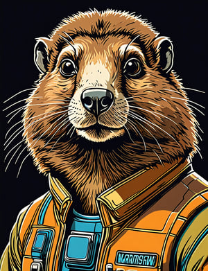 (close up, head and shoulders portrait:1.5), An extremely detailed (1970s retro-future:1.2) anthropomorphic marmot royalty, centered, (strong outline sketch style:1.3), dark background, muted colors, detailed, comic book