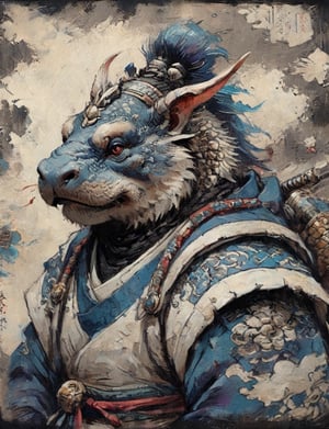 (close up, head and shoulders portrait:1.3), anthromorphic ( walrus :1.2) dragon, samurai , black samurai armor, brown, blue violet , white and black color scheme , (dark background:1.2), Disney pixar style,Ukiyo-e,ink,colorful,shogun