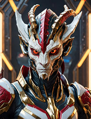 (head and shoulders portrait:1.2), Sci-Fi. (anthropomorphic manticore mantis:1.3), athletic build. ((white armor)).  wearing futuristic and highly cybernetic black armor. red ornaments, golden lines, Inspired by the art of Destiny 2 and the style of Guardians of the Galaxy
