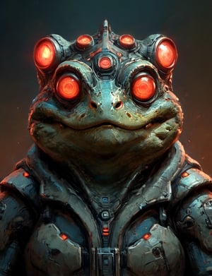(close up, head and shoulders portrait:1.3), anthromorphic, High tech cybernetic (dragon:1.2) (toad:1.7), multi Eyes,Glowing mechanical eyes, high-tech cybernetic body, futuristic power armor, bounty hunter ,xl_cpscavred,mad-cyberspace,cyberpunk