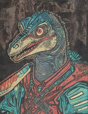 (head and shoulders portrait:1.2), (anthropomorphic velociraptor :1.3) as a warrior, zorro mask, holographic glowing eyes, wearing sci-fi outfit , surreal fantasy, close-up view, chiaroscuro lighting, no frame, hard light,Ukiyo-e