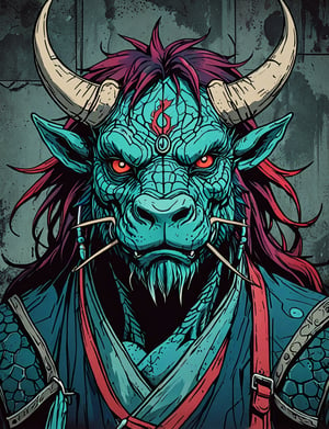 (close up, head and shoulders portrait:1.5), red, teal, blue, violet gradient ,(anthromorphic dragon bison :1.5), samurai, wearing samurai armor, (strong outline sketch style:1.5), symmetrical features, gritty fantasy, (darkest dungeon art style :1.4), dark muted background, detailed,one_piece_wano_style,Dark Manga of