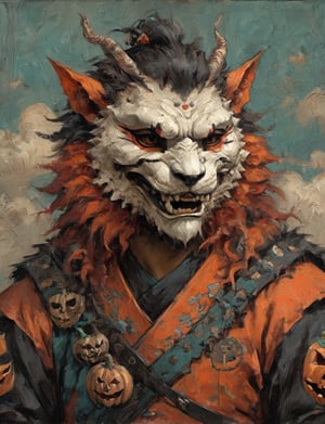 (close up, head and shoulders portrait:1.3), anthromorphic ( manticore :1.4) (neck and chest fur:1.5), (wearing a jack-o-lantern mask :2.5), jack-o-lantern , samurai helmet, oni_horns, samurai , black samurai armor, red, aqua, orange, blue , white and black color scheme , (dark Halloween background:1.2), Disney pixar style,Ukiyo-e,ink,colorful,shogun