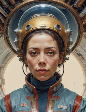 Sci-fi Martian , head and shoulders portrait , hyper-detailed oil painting, art by Greg Rutkowski and (Norman Rockwell:1.5) , illustration style, symmetry , inside alien starship interior , huayu