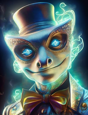 (head and shoulders portrait:1.2), (anthropomorphic gecko :1.3) as circus clown performer , zorro mask, holographic glowing eyes, wearing circus outfit , (outline sketch style:1.5), surreal fantasy, close-up view, chiaroscuro lighting, no frame, hard light, in the style of esao andrews, DonM3lv3nM4g1cXL