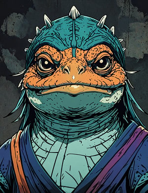 (close up, head and shoulders portrait:1.5), orange, teal, blue, violet gradient , (anthromorphic eagle toad :1.5), samurai, wearing samurai armor, (strong outline sketch style:1.5), symmetrical features, gritty fantasy, (darkest dungeon art style :1.4), dark muted background, detailed,one_piece_wano_style,Dark Manga of