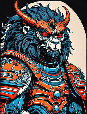 (close up, head and shoulders portrait:1.5), An extremely detailed 1970s retro-future anthropomorphic (samurai :1.2) (manticore :1.4) robot, centered, (strong outline sketch style:1.5), (flat silkscreen art style:1.8), solid dark background, red, orange, sapphire, black and white tones, masterpiece, epic, by pascal blanche rutkowski repin artstation painting concept art of detailed character design matte painting, 4 k resolution blade runner, dark muted background, detailed, comic book,dcas_lora