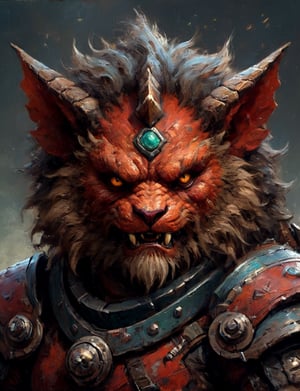 (close up, head and shoulders portrait:1.3), anthromorphic manticore, oni-horns, futuristic power armor, bounty hunter , triadic colors, moonster