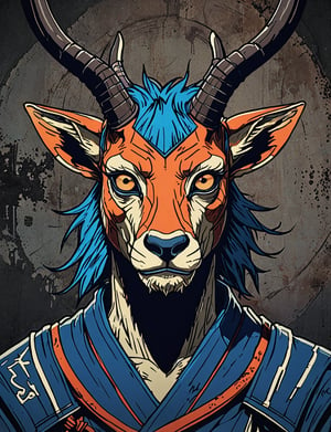 (close up, head and shoulders portrait:1.5), red, orange, blue, violet gradient ,(anthromorphic impala :1.5), samurai, wearing samurai armor, (strong outline sketch style:1.5), symmetrical features, gritty fantasy, (darkest dungeon art style :1.4), dark muted background, detailed, one_piece_wano_style, Dark Manga of