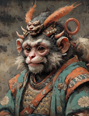 (close up, head and shoulders portrait:1.3), anthromorphic ( marmoset :1.6), oni_horns, samurai , samurai armor , brown, tangerine, teal , white and black color scheme , (dark background:1.2), Ukiyo-e,ink,colorful,shogun
