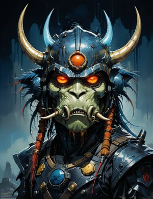 art by simon bisley, art by ralph steadman, art by vallejo, a masterpiece, stunning detail, (head and shoulders portrait:1.3), (anthropomorphic (death trooper:1.3)  (yak :1.7) oni :1.3), large oni_horns, neuromancer, cyberpunk, holographic glowing, glowing eyes, wearing black leather armor, creature fur scales , dark background , tangerine , gold , and sapphire color scheme 