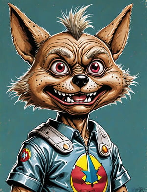 (close up, head and shoulders portrait:1.5), An extremely detailed 1980s (cartoon caricature:1.5), (oversized head caricature:1.3), anthropomorphic jackal , wearing super hero suit, grunge , dystopian, in the style of garbage pail kids