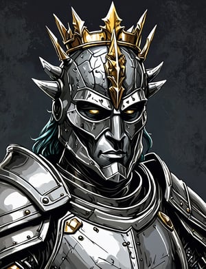 (close up, head and shoulders portrait:1.5), anthropomorphic gorgon knight, wearing gleaming armor, wearing crown, centered, (strong outline sketch style:1.3), dark background, muted colors, detailed, comic book