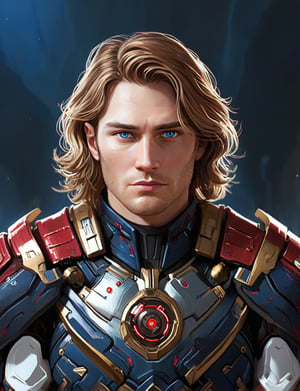 (head and shoulders portrait:1.2), Sci-Fi. Kozja Darzalas is a human being, a handsome man of 25 years old, ((caucasian)), long light_brown hair, wavy haircut, blue eyes. athletic build. ((white armor)). He wears a futuristic and highly cybernetic black armor. red ornaments, golden lines, Warbringers iconography. Inspired by the art of Destiny 2 and the style of Guardians of the Galaxy
