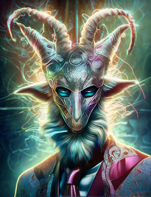 (head and shoulders portrait:1.2), (anthropomorphic markhor :1.3) as circus clown performer , zorro mask, holographic glowing eyes, wearing circus outfit , (outline sketch style:1.5), surreal fantasy, close-up view, chiaroscuro lighting, no frame, hard light, in the style of esao andrews, DonM3lv3nM4g1cXL