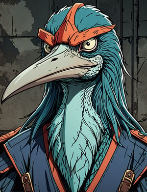 (close up, head and shoulders portrait:1.5), red, orange, green, teal, aqua, blue, violet gradient ,(anthromorphic shoebill :1.5), samurai, wearing samurai armor, (strong outline sketch style:1.5), symmetrical features, gritty fantasy, (darkest dungeon art style :1.4), dark muted background, detailed, one_piece_wano_style, Dark Manga of,anime screencap,Dark Anime of