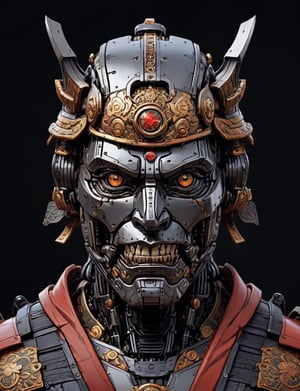 A male, a (robot samurai :3), face made of metal, precious jewels, dark background, head and shoulders portrait , flat 2.5d art, cell shading , hyper-detailed comic book art style , illustration style, art by Darius Puia BakaArts, symmetry , sci-fi interior setting ,comic book