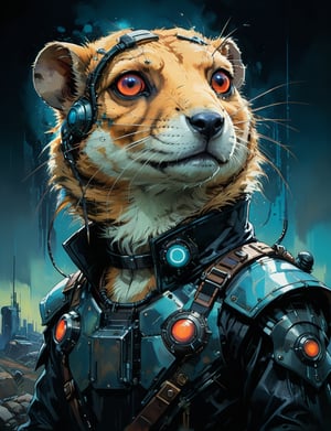 art by simon bisley, art by ralph steadman, art by vallejo, a masterpiece, stunning detail, (head and shoulders portrait:1.3), (anthropomorphic (tiger:1.1)  (prairie dog :1.7) :1.3), neuromancer, cyberpunk, holographic glowing, glowing eyes, wearing black leather armor, creature fur scales , dark background 