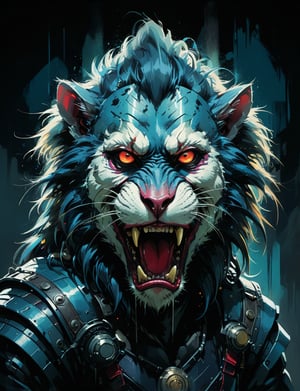 art by simon bisley, art by ralph steadman, art by vallejo, a masterpiece, stunning detail, (head and shoulders portrait:1.3), (anthropomorphic (tiger:1.5)  (mandrill :1.7) oni :1.3), neuromancer, cyberpunk, holographic glowing, glowing eyes, wearing black leather armor, creature fur scales , dark background 