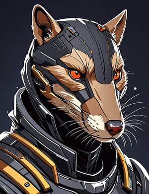 (head and shoulders portrait:1.2), Sci-Fi. (anthropomorphic weasel  :1.3), athletic build. hooded, wearing futuristic and highly cybernetic black armor. Inspired by the art of Destiny 2 and the style of Guardians of the Galaxy
,Flat vector art