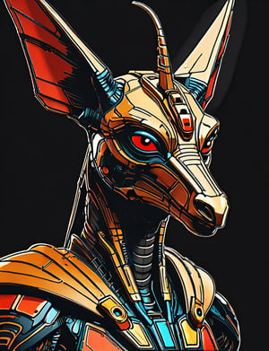 (close up, head and shoulders portrait:1.5), An extremely detailed 1970s retro-future anthropomorphic (pterodactyl :1.2) (anubis :1.4) robot, centered, (strong outline sketch style:1.5), (flat silkscreen art style:1.8), solid dark background, red, orange, sapphire, black and white tones, masterpiece, epic, by pascal blanche rutkowski repin artstation painting concept art of detailed character design matte painting, 4 k resolution blade runner, dark muted background, detailed, comic book,dcas_lora