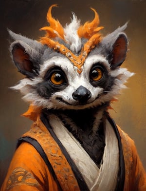 (close up, head and shoulders portrait:1.3), anthromorphic ( lemur :1.2) dragon, guru, long mustache, monk robes, orange, yellow, white and black color scheme , Disney pixar style