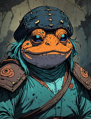 (close up, head and shoulders portrait:1.5), orange, teal, blue, violet gradient , (anthromorphic toad :1.5), samurai, wearing samurai armor, (strong outline sketch style:1.5), symmetrical features, gritty fantasy, (darkest dungeon art style :1.4), dark muted background, detailed,one_piece_wano_style,Dark Manga of