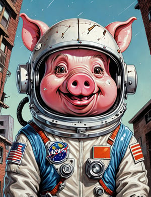 (close up, head and shoulders portrait:1.5), An extremely detailed 1980s (cartoon caricature:1.5), (oversized head caricature:1.3), anthropomorphic pig , wearing astronaut suit , grunge , dystopian, in the style of garbage pail kids