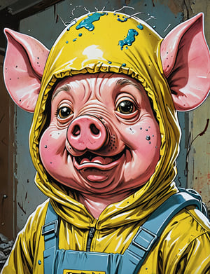 (close up, head and shoulders portrait:1.5), An extremely detailed 1980s (cartoon caricature:1.5), (oversized head caricature:1.3), anthropomorphic pig , wearing yellow radiation suit , radioactive slime, grunge , dystopian, in the style of garbage pail kids