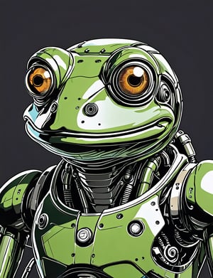 (close up, head and shoulders portrait:1.5), An extremely detailed (1970s retro-future:1.2) anthropomorphic frog robot, centered, (strong outline sketch style:1.3), dark background, muted colors, detailed, comic book